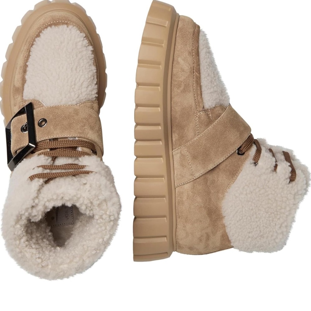 Voile Blanche Tan Suede Shearling-Trim Lug Ankle Boots